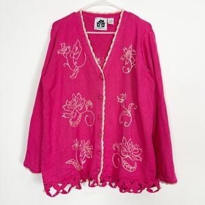 Storybook Knits Sweater Womens 1X Pink Henna Floral Cardigan Embroidered